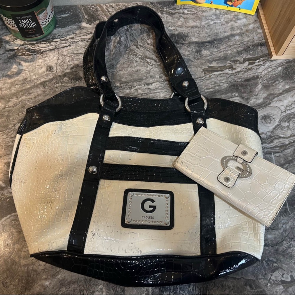 GUESS Black and Cream Croc-Embossed Tote with Matching Wallet